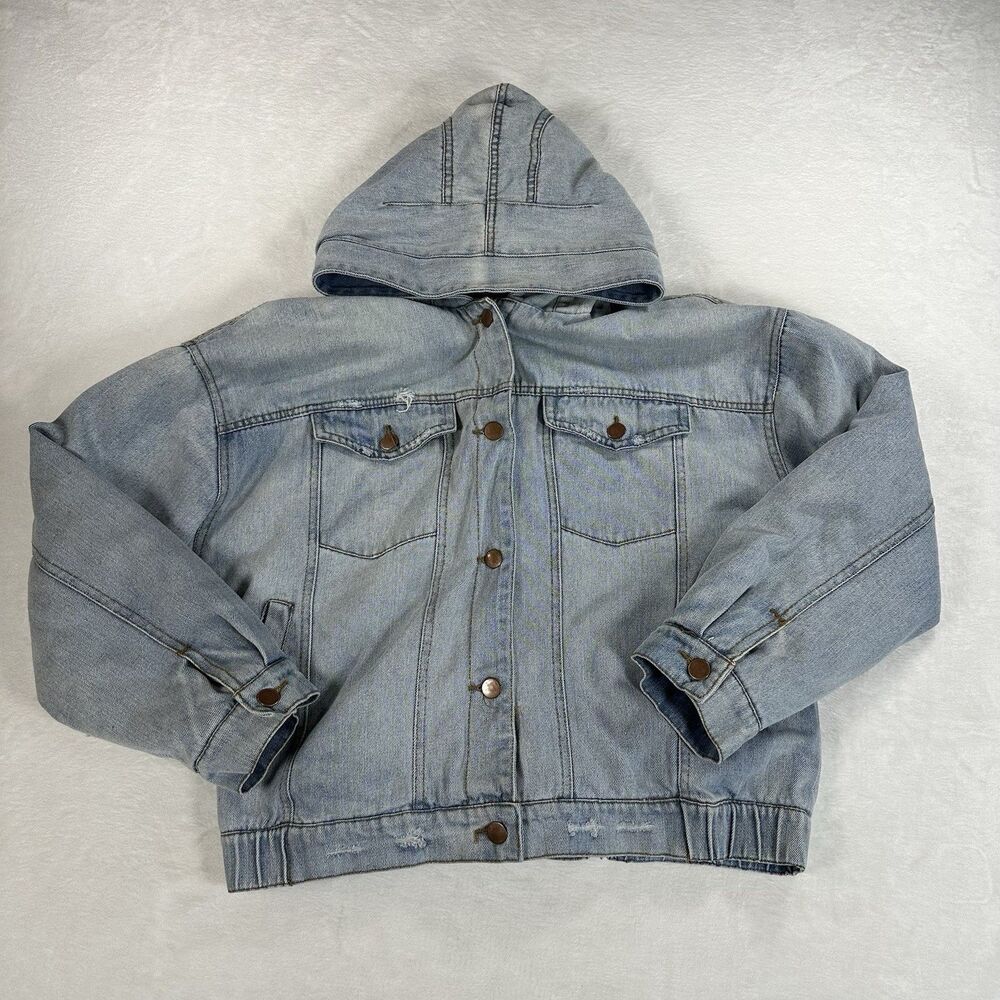 Womens Sherpa Lined Denim Jacket Hooded Light Wash Distressed Oversized